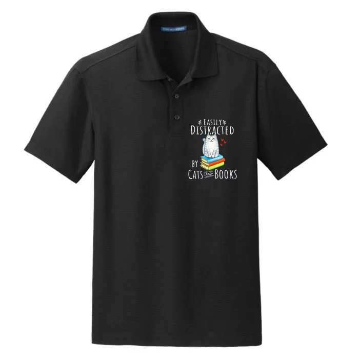 Easily Distracted By Cats And Books Funny Cat & Book Lover Dry Zone Grid Performance Polo