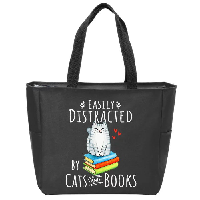 Easily Distracted By Cats And Books Funny Cat & Book Lover Zip Tote Bag