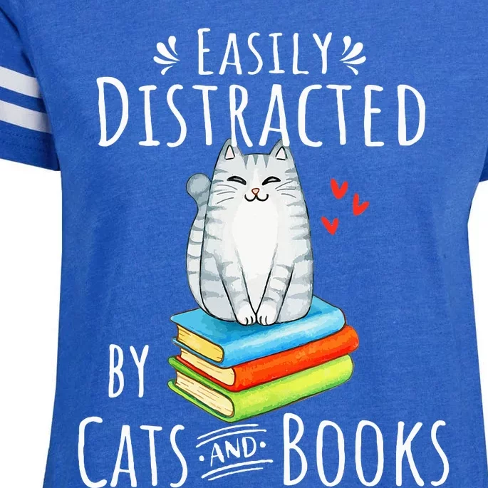 Easily Distracted By Cats And Books Funny Cat & Book Lover Enza Ladies Jersey Football T-Shirt