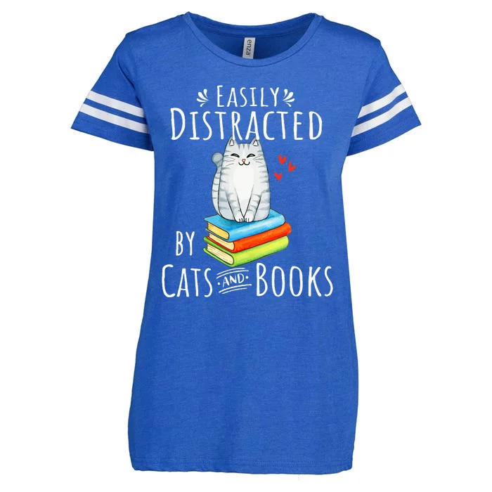 Easily Distracted By Cats And Books Funny Cat & Book Lover Enza Ladies Jersey Football T-Shirt