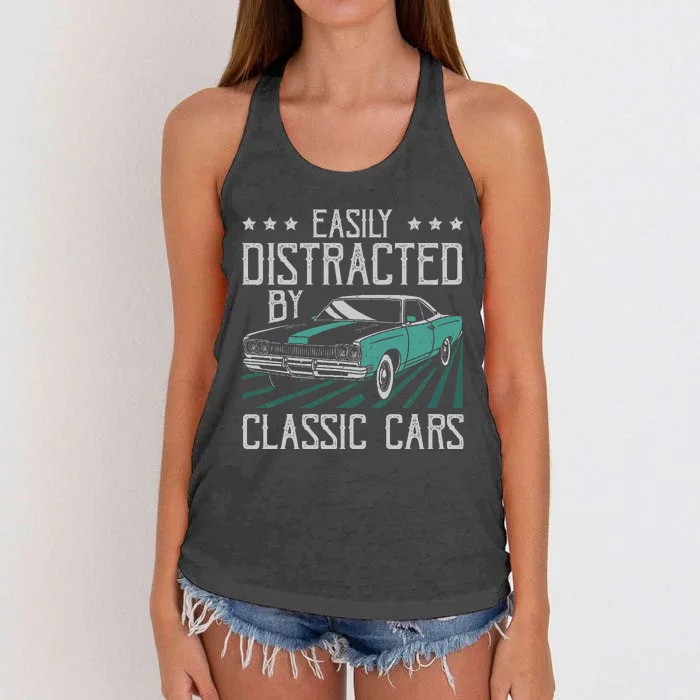 Easily Distracted By Classic Cars Funny Old Vintage Car Guy Women's Knotted Racerback Tank