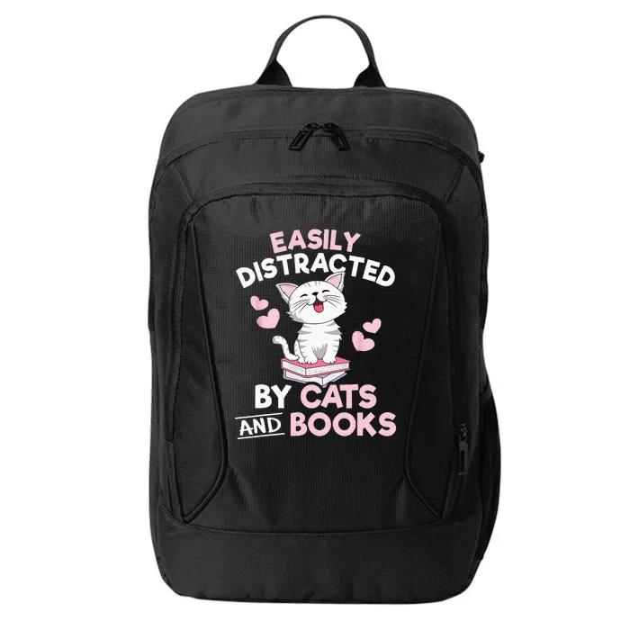 Easily Distracted By Cats And Books Cute Cat Book Lover City Backpack