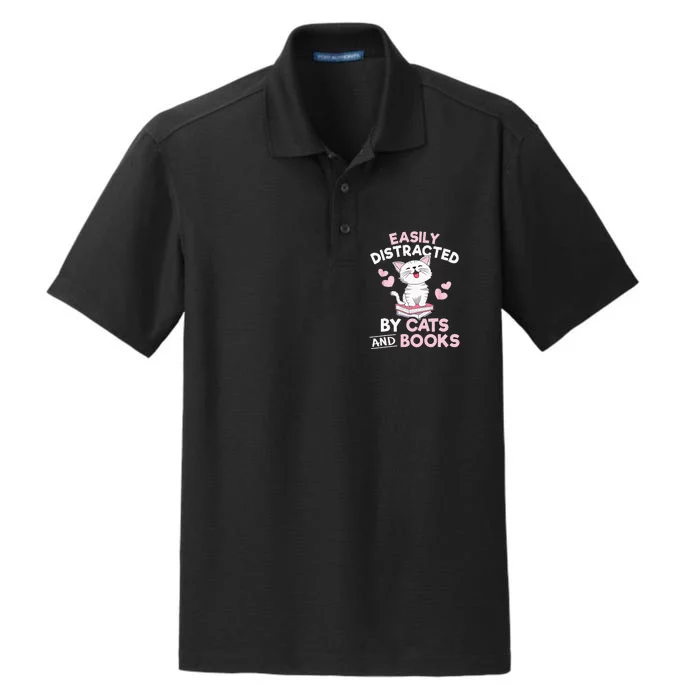 Easily Distracted By Cats And Books Cute Cat Book Lover Dry Zone Grid Performance Polo