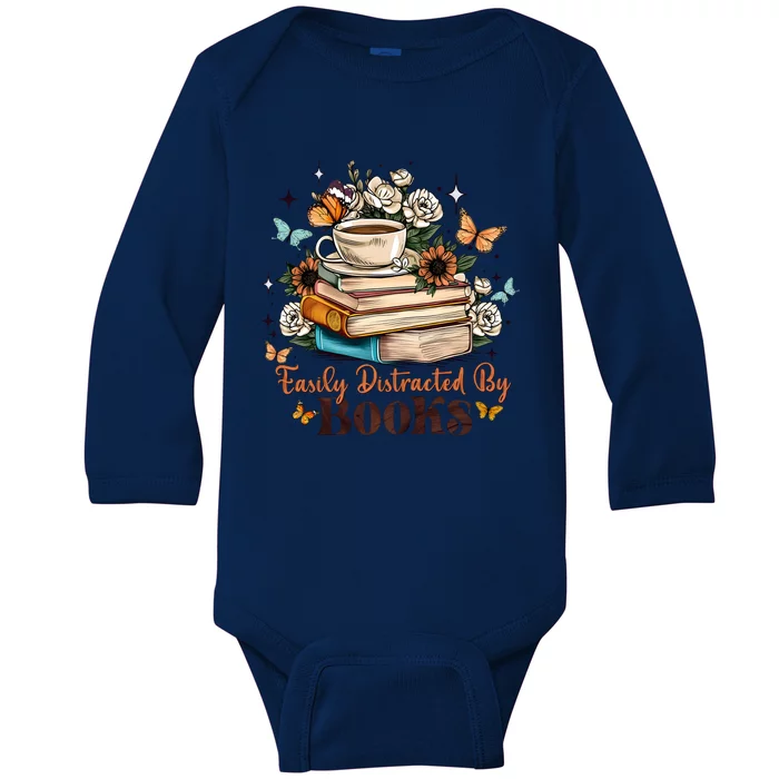 Easily Distracted By Books Bookworm Book Lover Baby Long Sleeve Bodysuit