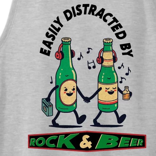 Easily Distracted By Rock And Beer Ladies Tri-Blend Wicking Tank