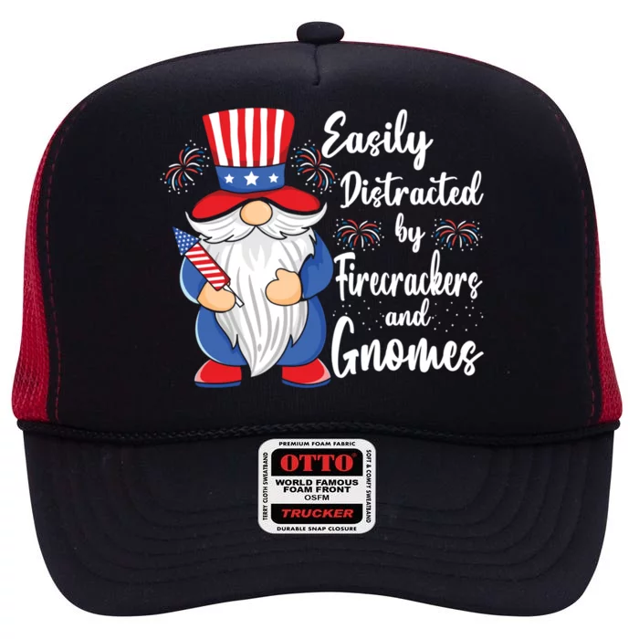 Easily Distracted By Firecrackers Gnomes 4th Of July Gnome Gift High Crown Mesh Trucker Hat