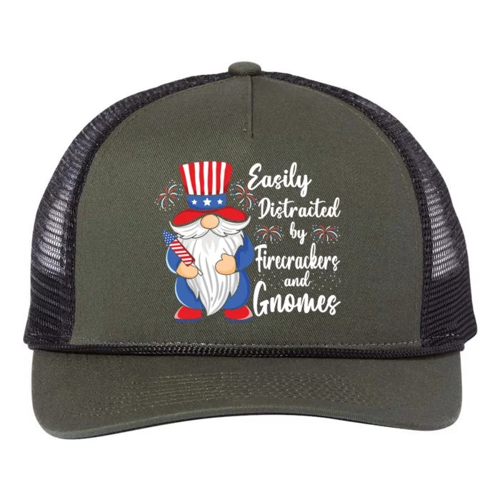 Easily Distracted By Firecrackers Gnomes 4th Of July Gnome Gift Retro Rope Trucker Hat Cap