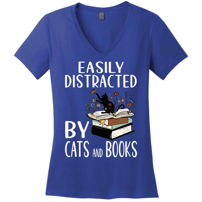 Easily Distracted By Cats And Books Funny Cat & Book Lover Women's V-Neck T-Shirt