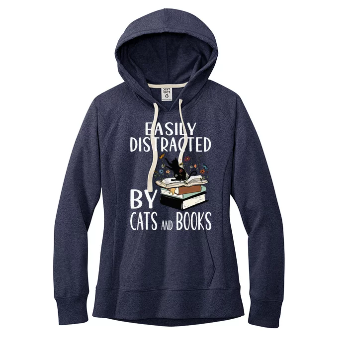 Easily Distracted By Cats And Books Funny Cat & Book Lover Women's Fleece Hoodie