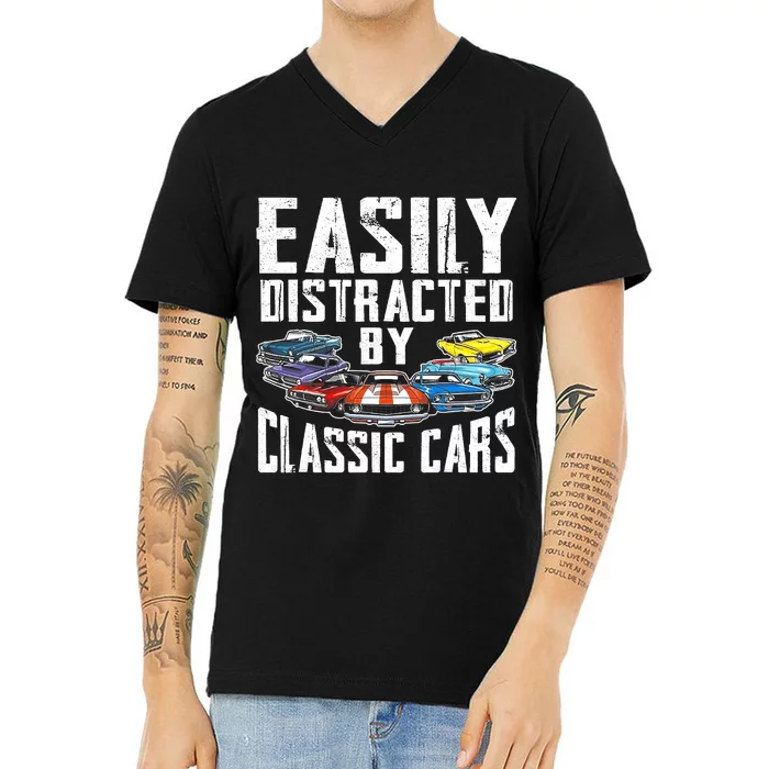 Easily Distracted By Classic Cars V-Neck T-Shirt