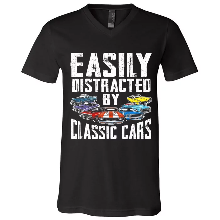 Easily Distracted By Classic Cars V-Neck T-Shirt