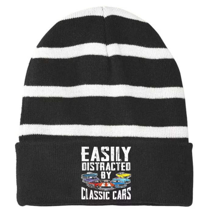 Easily Distracted By Classic Cars Striped Beanie with Solid Band