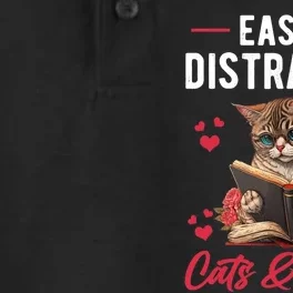 Easily Distracted by Cats and Books Cat & Book Lover Funny Dry Zone Grid Performance Polo