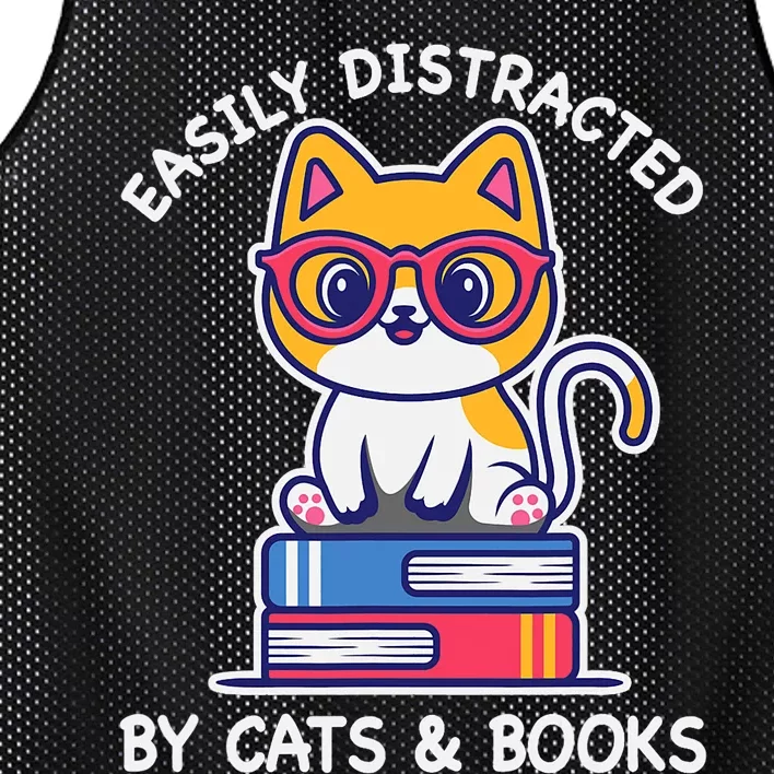 Easily Distracted By Cats And Books Cat & Book Lover Gift Mesh Reversible Basketball Jersey Tank