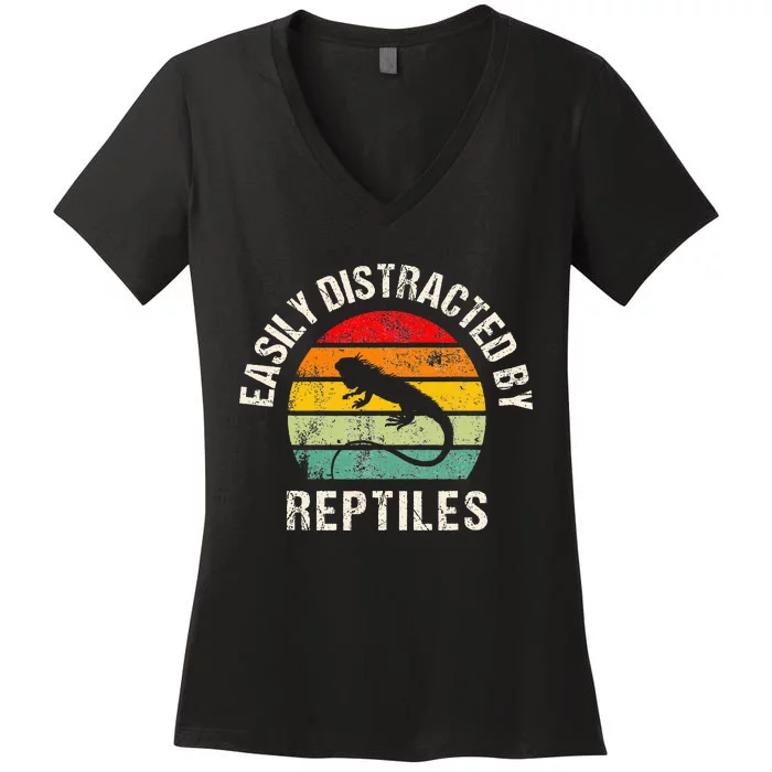 Easily Distracted By Reptiles Funny Reptile Lovers Women's V-Neck T-Shirt