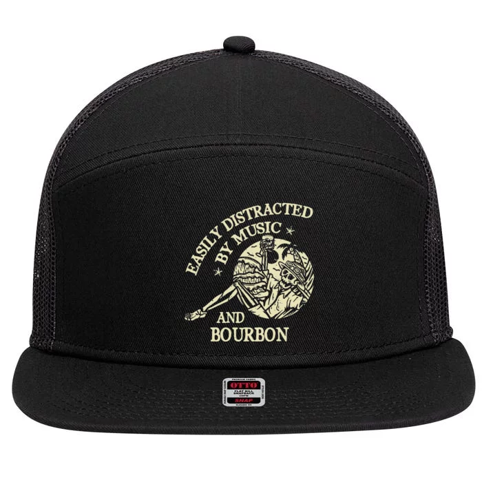 Easily Distracted By Music And Bourbon Skeleton 7 Panel Mesh Trucker Snapback Hat