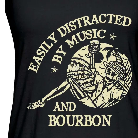 Easily Distracted By Music And Bourbon Skeleton Ladies Essential Flowy Tank