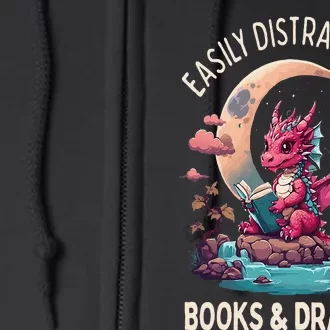 Easily distracted by books and dragons kawaii dragon reader Full Zip Hoodie