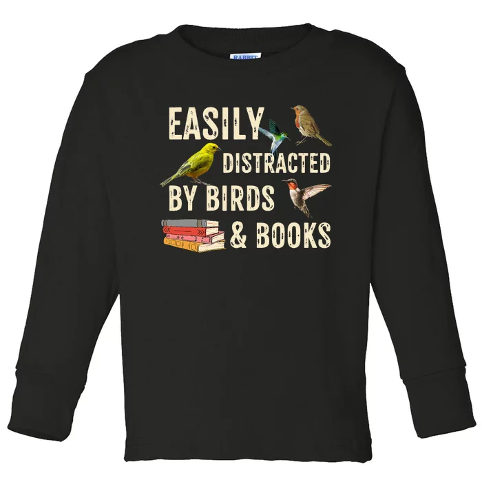 Easily Distracted By Birds & Books Vintage Birder Toddler Long Sleeve Shirt