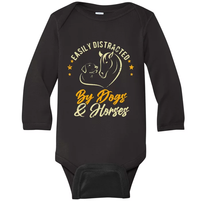 Easily Distracted By Dogs And Horses Dog Mom Horse Mom Baby Long Sleeve Bodysuit