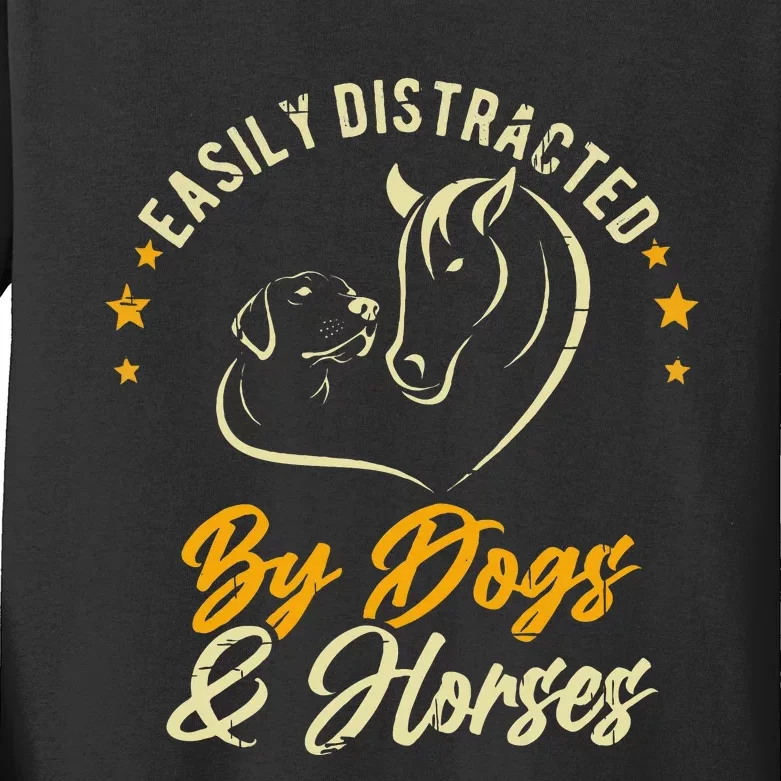 Easily Distracted By Dogs And Horses Dog Mom Horse Mom Kids Long Sleeve Shirt