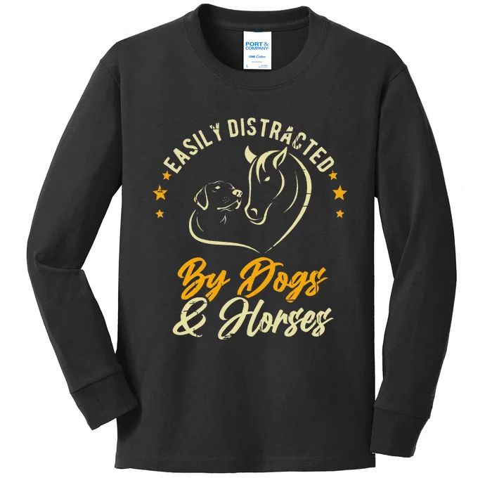 Easily Distracted By Dogs And Horses Dog Mom Horse Mom Kids Long Sleeve Shirt