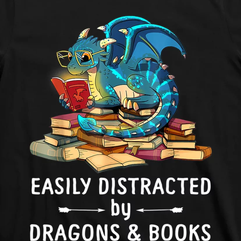 Easily Distracted By Dragons And Books Nerd Dragon T-Shirt