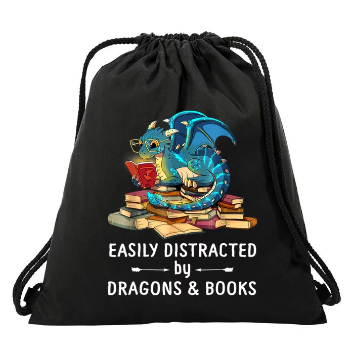 Easily Distracted By Dragons And Books Nerd Dragon Drawstring Bag