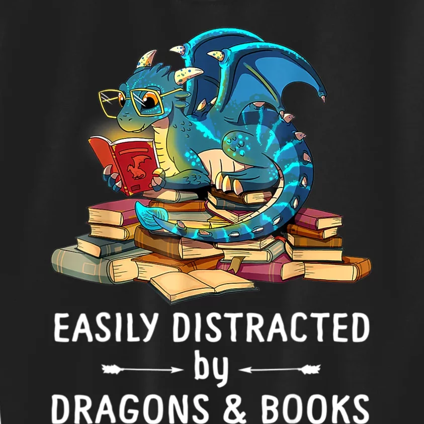 Easily Distracted By Dragons And Books Nerd Dragon Kids Sweatshirt