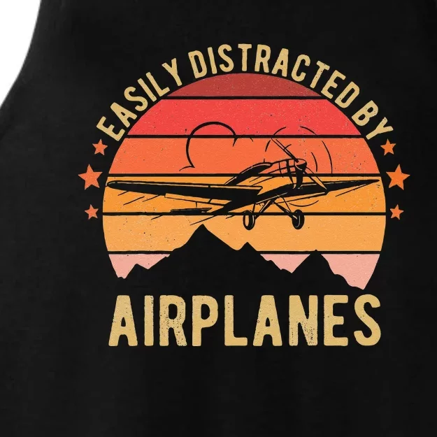 Easily Distracted By Airplanes Lover Pilot Funny Aviation Ladies Tri-Blend Wicking Tank