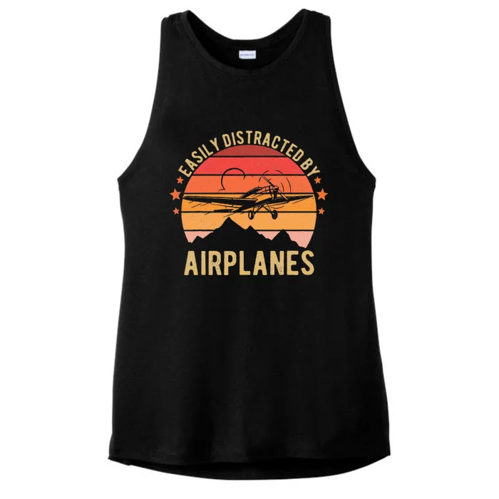 Easily Distracted By Airplanes Lover Pilot Funny Aviation Ladies Tri-Blend Wicking Tank