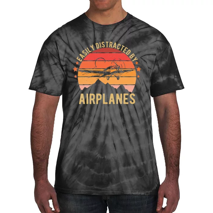 Easily Distracted By Airplanes Lover Pilot Funny Aviation Tie-Dye T-Shirt