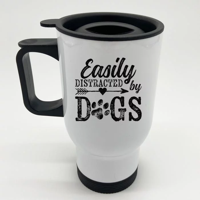 Easily Distracted By Dogs Funny Vintage Dog Lover Mom Saying Front & Back Stainless Steel Travel Mug