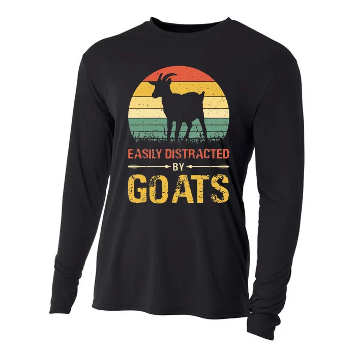 Easily Distracted By Goats Retro Vintage Farm Goat Lover Cooling Performance Long Sleeve Crew