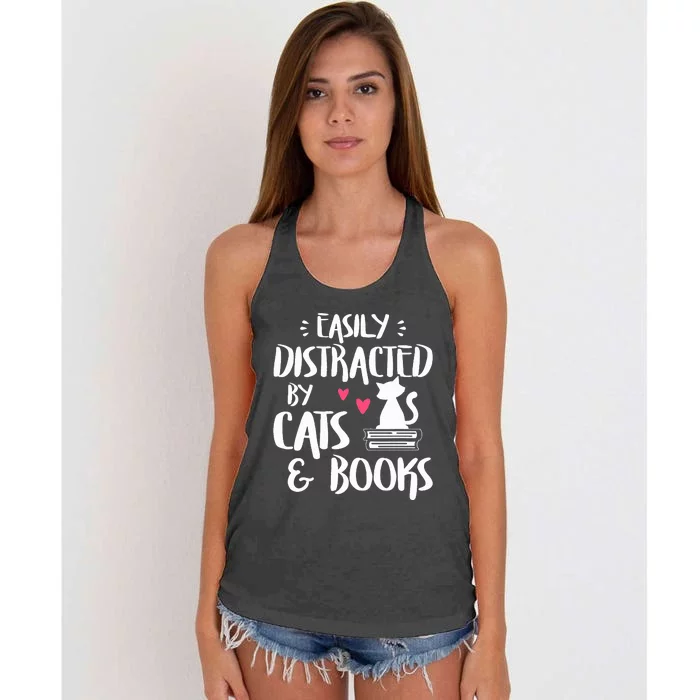 Easily Distracted by Cats and Books Cat & Book Lover Women's Knotted Racerback Tank