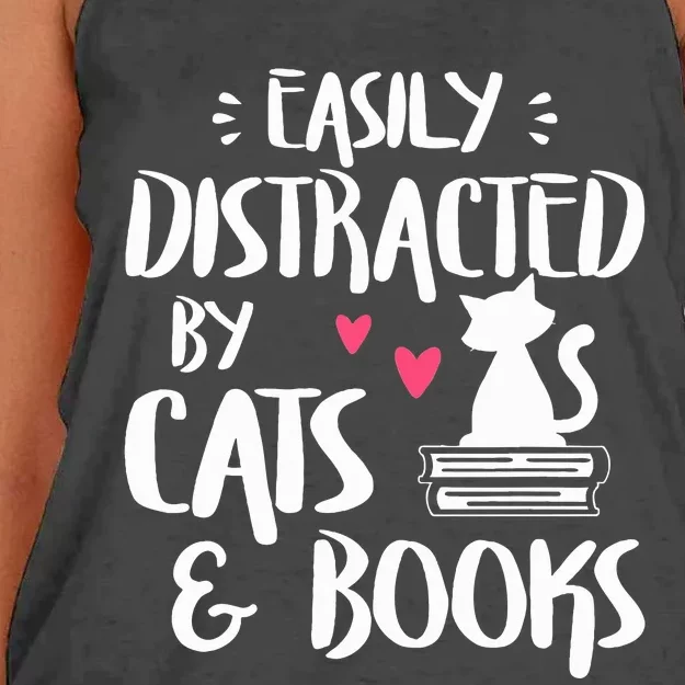 Easily Distracted by Cats and Books Cat & Book Lover Women's Knotted Racerback Tank