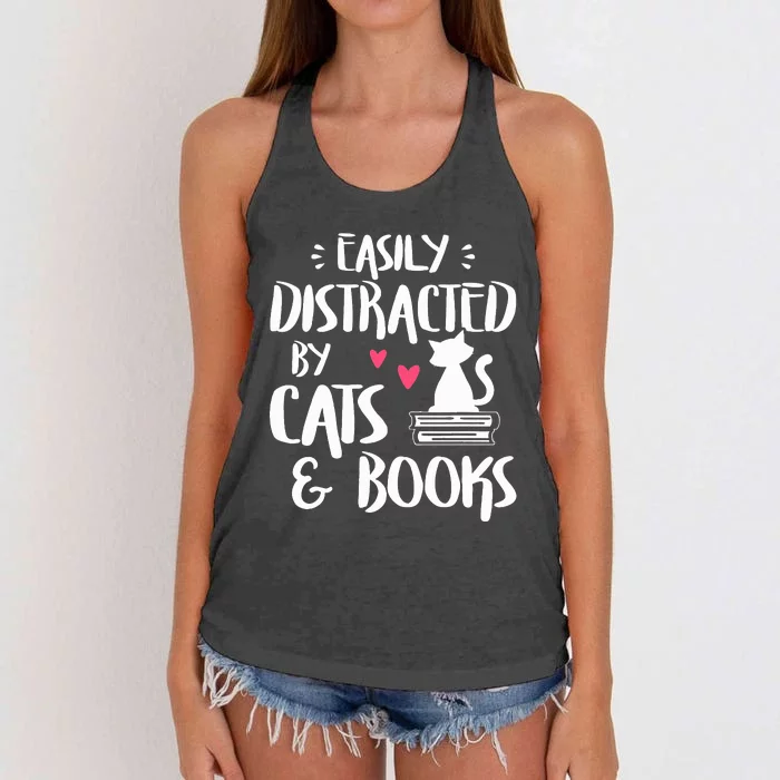 Easily Distracted by Cats and Books Cat & Book Lover Women's Knotted Racerback Tank