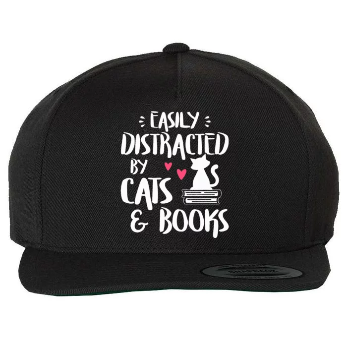 Easily Distracted by Cats and Books Cat & Book Lover Wool Snapback Cap