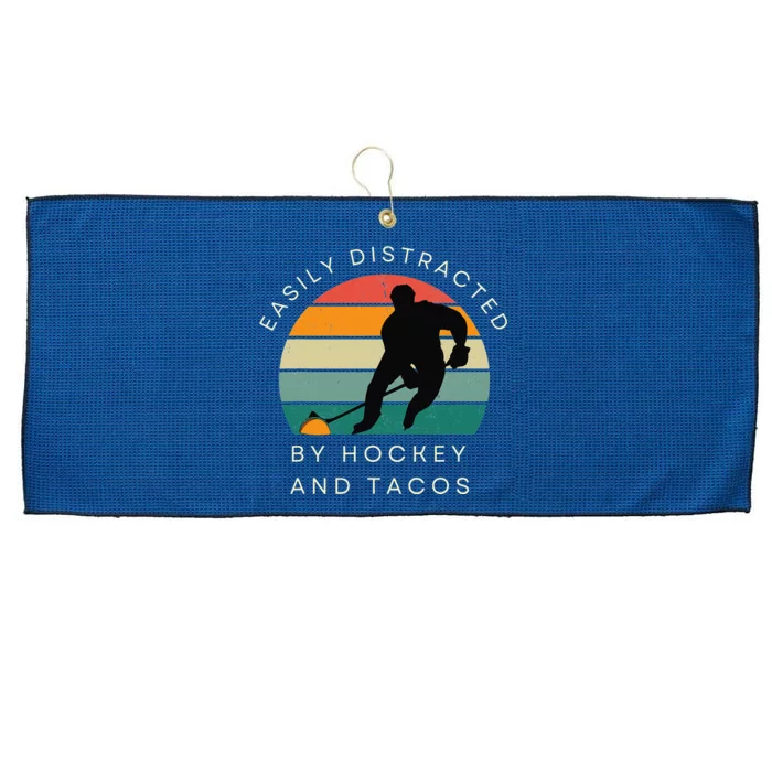 Easily Distracted By Hockey And Tacos Funny Large Microfiber Waffle Golf Towel