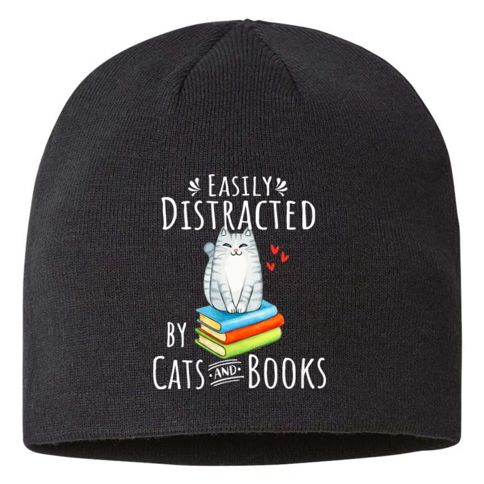 Easily Distracted By Cats And Books Funny Cat & Book Lover 8 1/2in Sustainable Knit Beanie