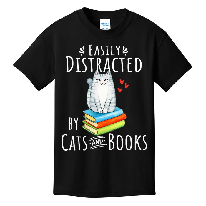 Easily Distracted By Cats And Books Funny Cat & Book Lover Kids T-Shirt