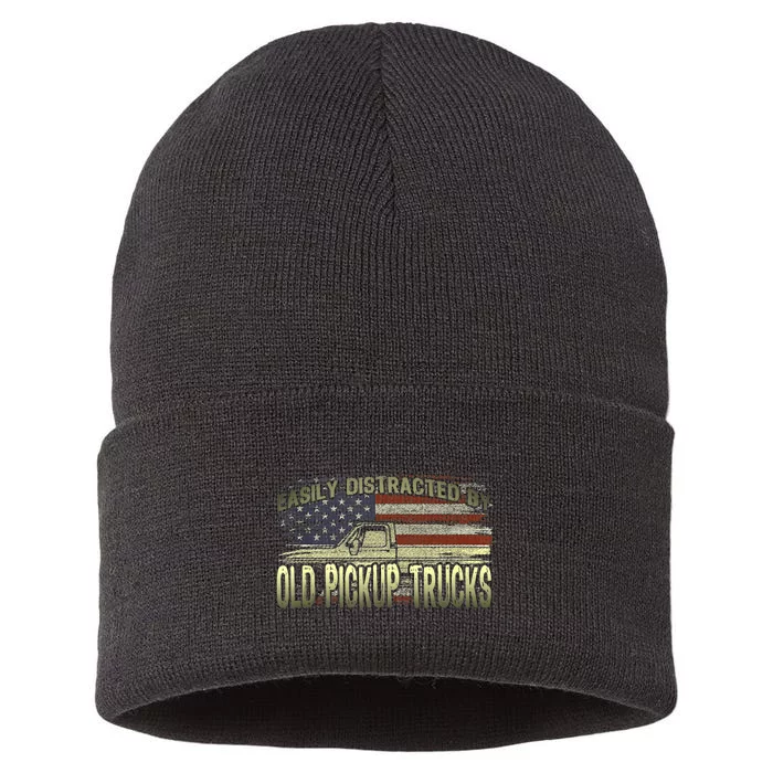 Easily Distracted By Old Pickup Trucks American Flag Truck Sustainable Knit Beanie