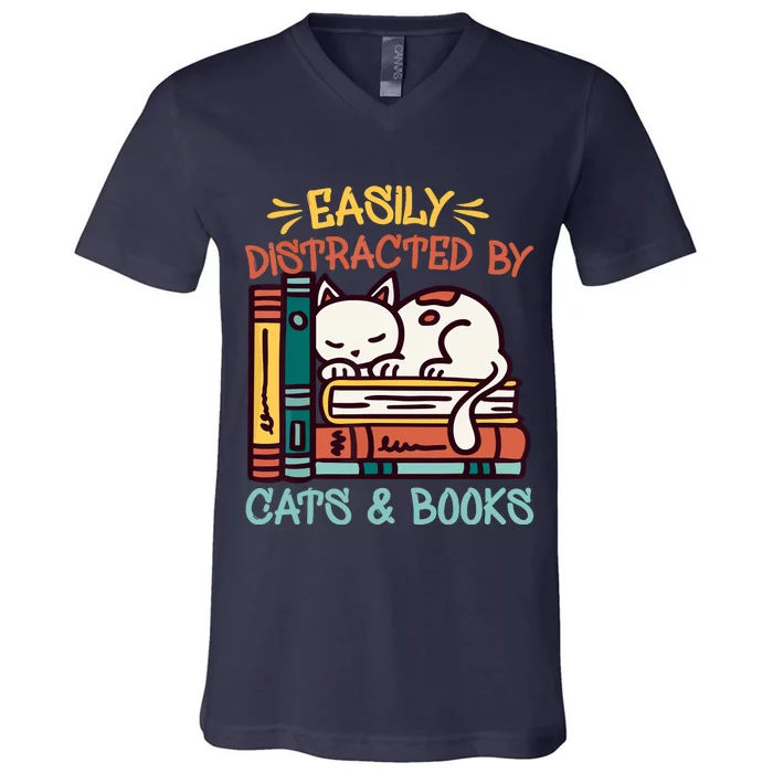 Easily Distracted By Cats And Books Cat & Book Lover V-Neck T-Shirt