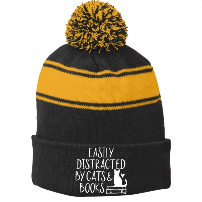 Easily Distracted By Cats And Books Funny Cat & Book Lover Stripe Pom Pom Beanie