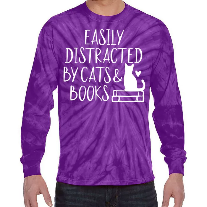 Easily Distracted By Cats And Books Funny Cat & Book Lover Tie-Dye Long Sleeve Shirt