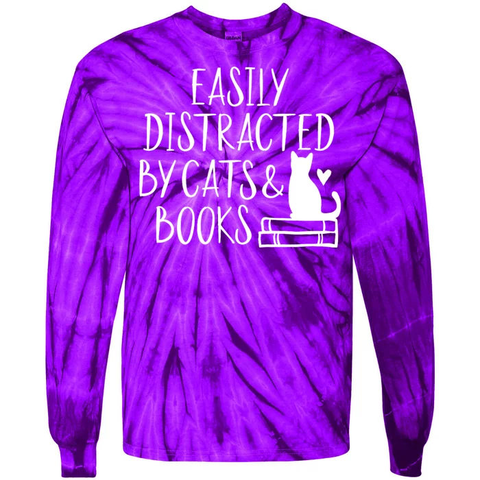 Easily Distracted By Cats And Books Funny Cat & Book Lover Tie-Dye Long Sleeve Shirt