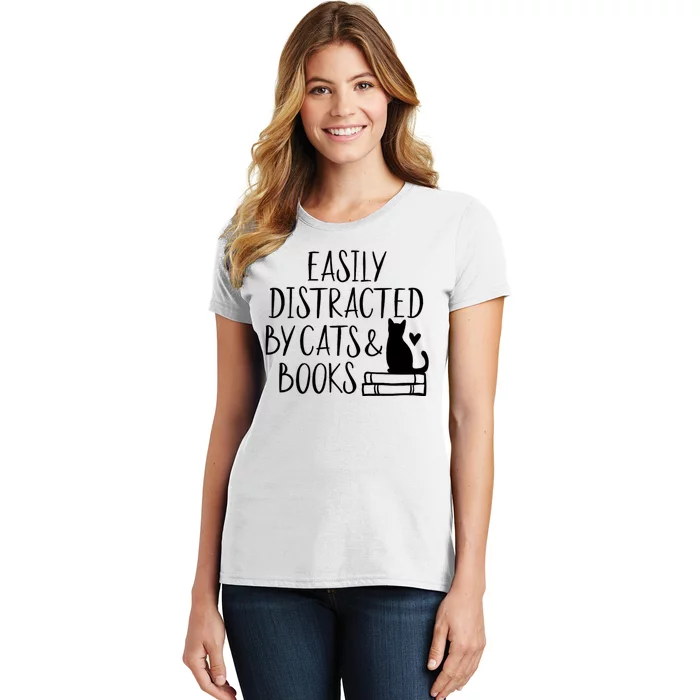 Easily Distracted By Cats And Books Funny Cat & Book Lover Women's T-Shirt