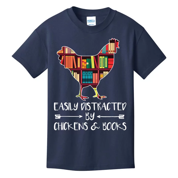 Easily Distracted By Chickens And Books Chicken Book Lover Kids T-Shirt