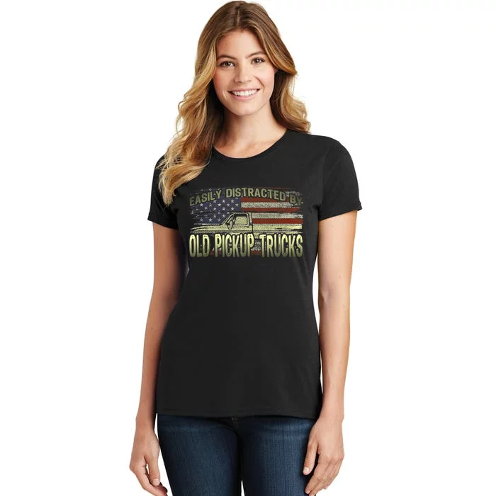 Easily Distracted By Old Pickup Trucks American Flag Truck Women's T-Shirt