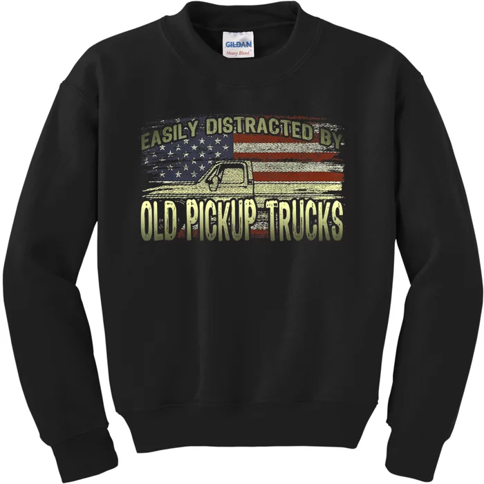 Easily Distracted By Old Pickup Trucks American Flag Truck Kids Sweatshirt